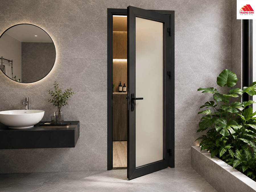 Mẫu cửa nhôm kính mở quay 1 cánh cho nhà vệ sinh